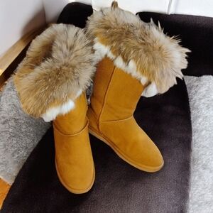 APHNUS Women’s Size 10 Fur Trim Winter Boots Real Leather Rabbit & Raccoon Fur F